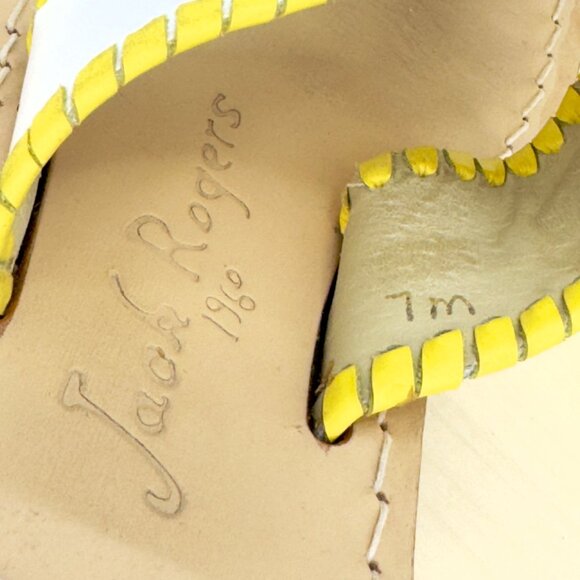 Jack Rogers White Yellow Leather Whipstitched Handmade Thong Sandals Size 7 - Picture 8 of 9
